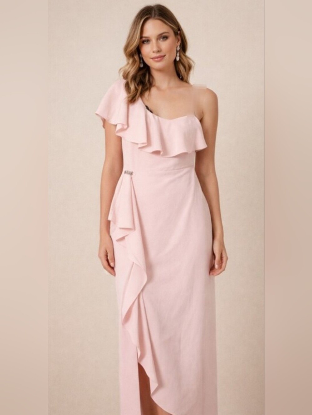 Lauren Ralph Lauren Women's One Shoulder Ruffled Maxi Gown Dress Blush Pink 8/M